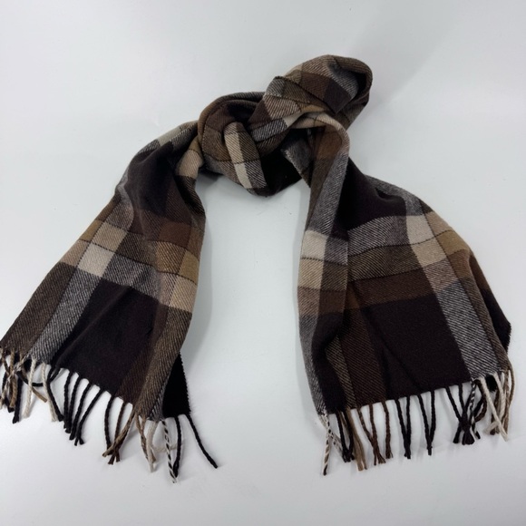 Edsor Crown 100% Cashmere Brown and Tan‎ Plaid Scarf with Fringe - Picture 3 of 6